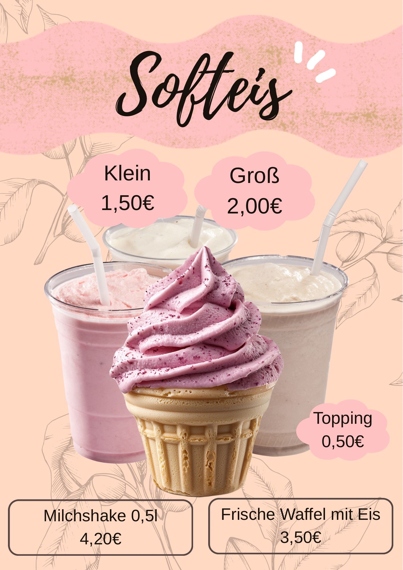 Softeis-Auswahl: Becher, Waffel und Milchshake